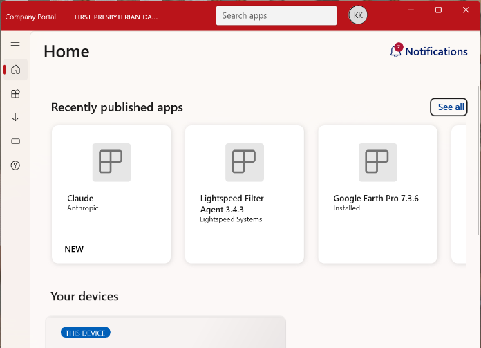 FPD Company Portal home screen showing the Claude app tile under Recently published apps