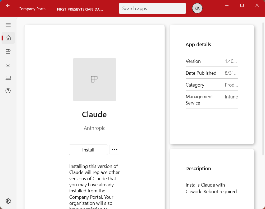 Claude app page in the Company Portal with the Install button